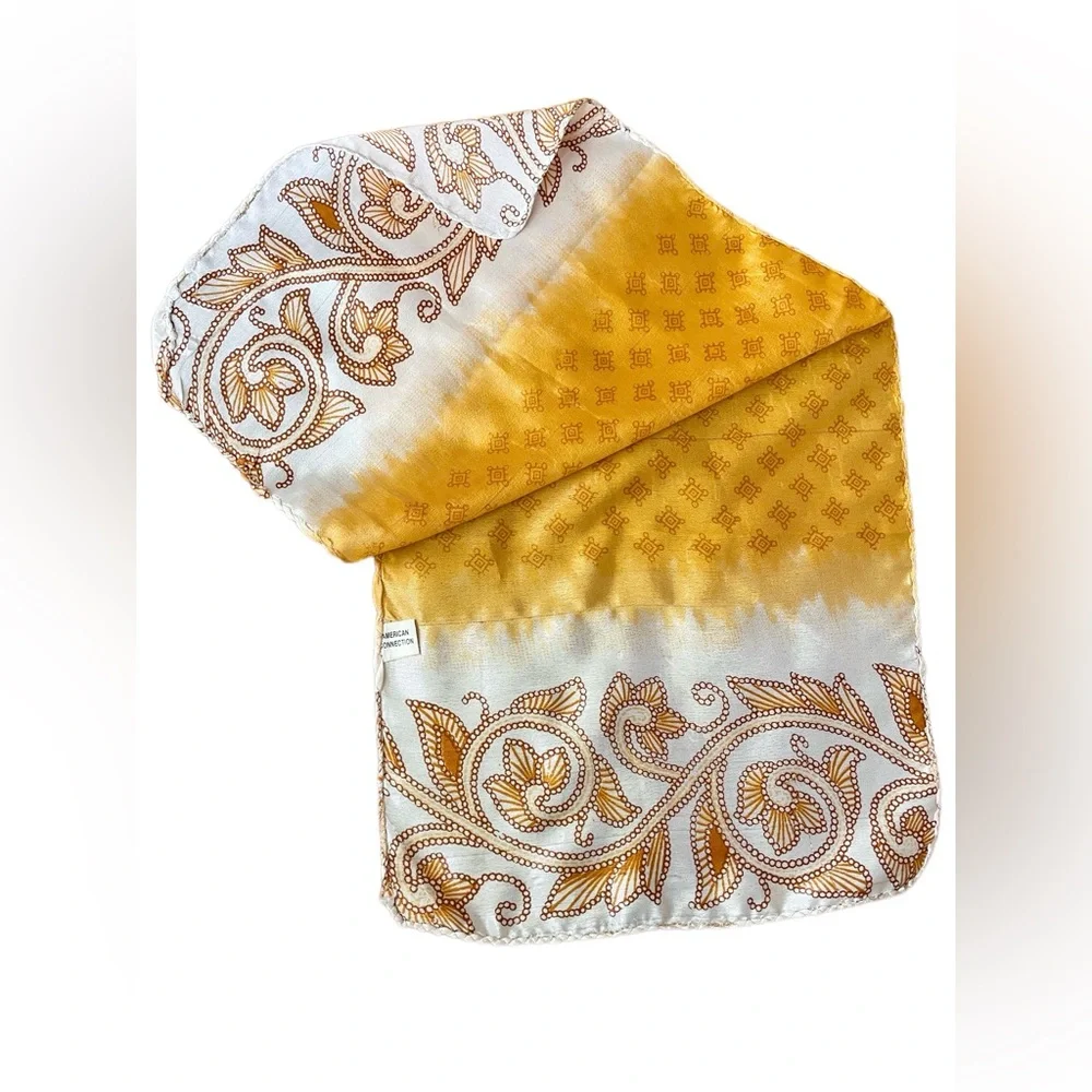 Vintage Yellow Patterned Silk Scarf Organic Scroll